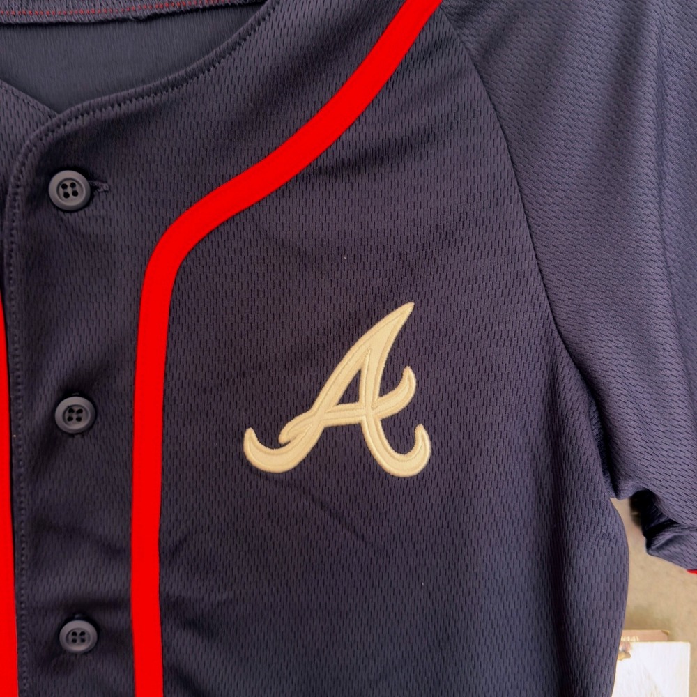 NEW! Atlanta Braves Jersey Youth 12/14 Navy Blue Button Down MLB Baseball NWT - Picture 2 of 8